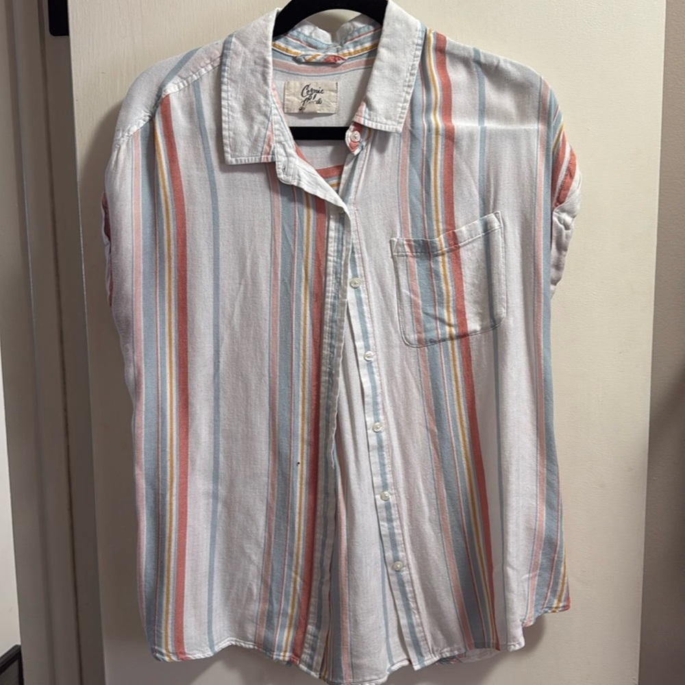 Cosmic Blue Love Women’s Striped Button-Up Shirt - Size Medium